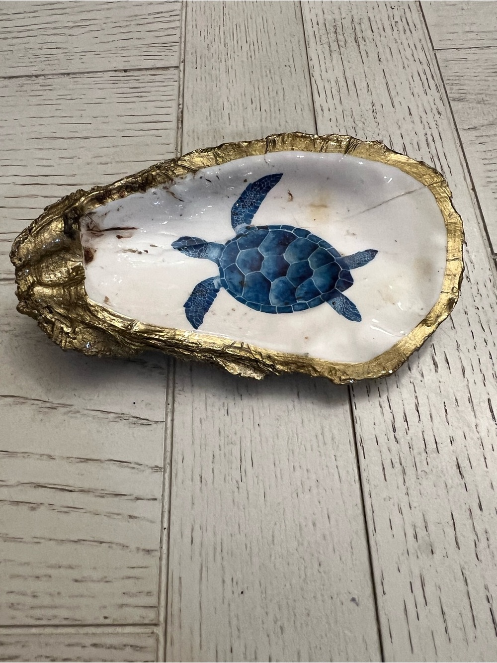 Blue Sea Turtle Decorative Oyster Shell Dish with Gold Trim